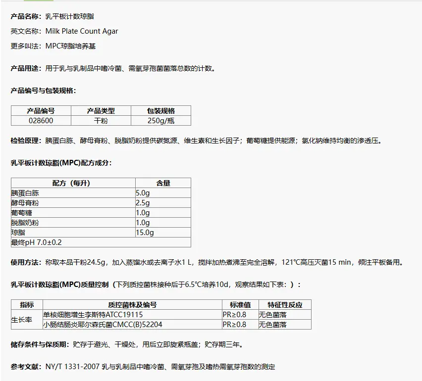 028600 乳平板計(jì)數(shù)瓊脂(MPC)培養(yǎng)基 250g/瓶