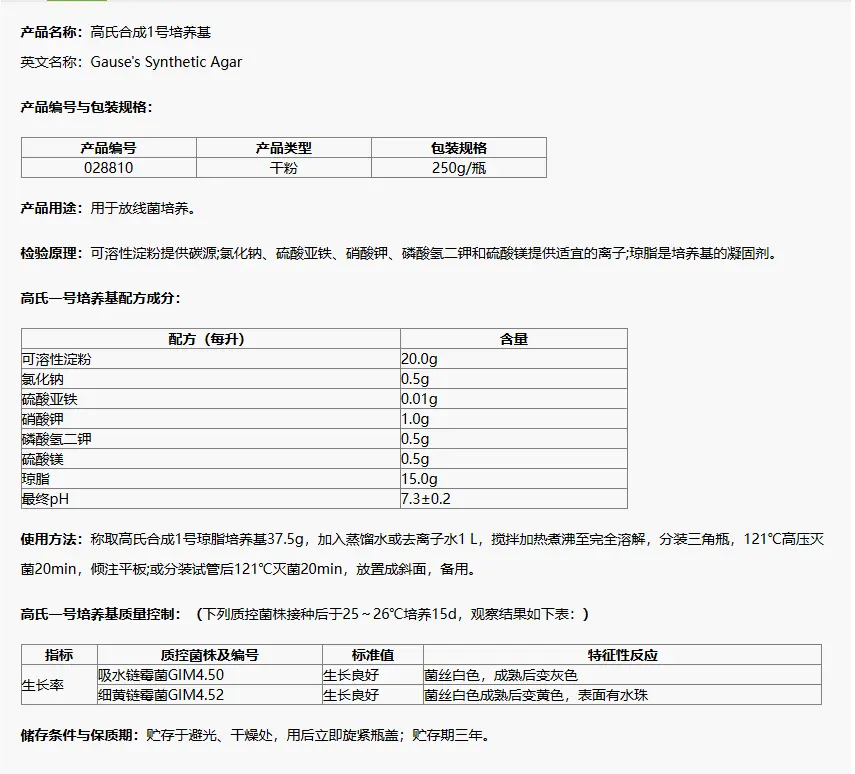 028810 高氏合成1號(hào)培養(yǎng)基 250g/瓶